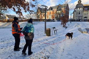 Pascaline et son élève regardent le chien en train de chercher une piste
